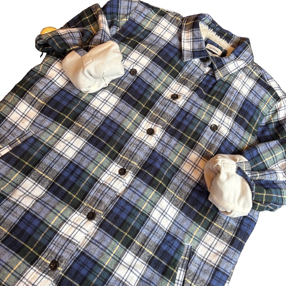 LL Bean Tartan Blue Plaid Sherpa Lined Flannel Shirt Jacket Women's XS (runs Lg)